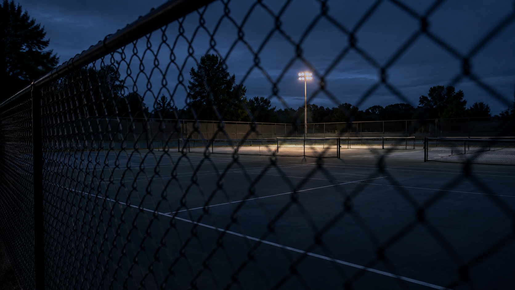 Empty public tennis courts under evening lights